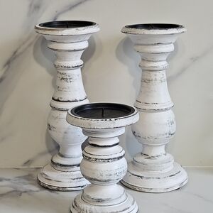 NEW - 3 Distressed White Candle Holders Set